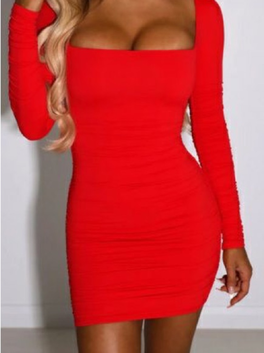 🍒Babyboo Red Ruched Long Sleeve Square-Neck Bodycon Dress size small worn once 🍒